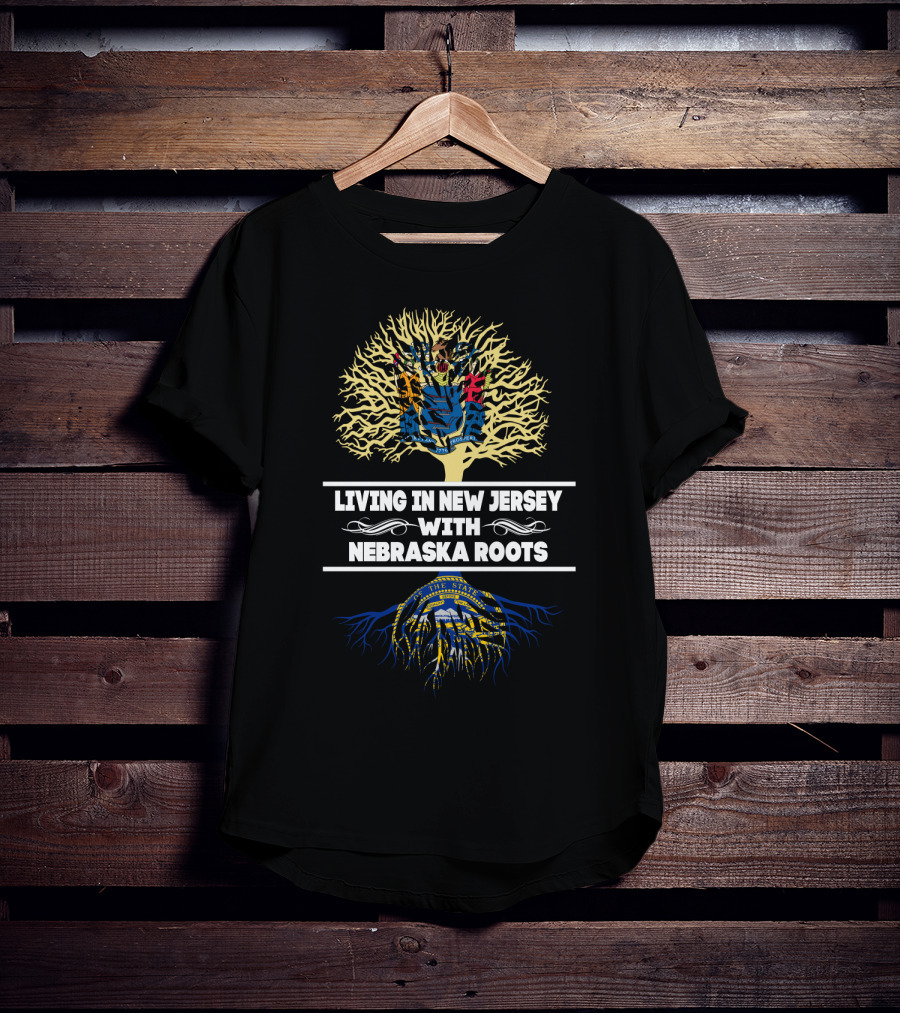 Living In New Jersey With Nebraska Roots Tree Art Featuring State Seals T-Shirt
