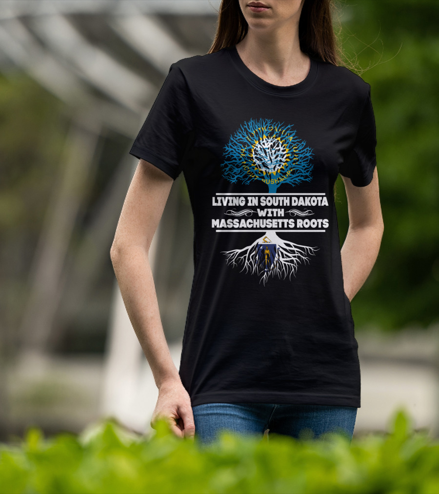 Living In South Dakota With Massachusetts Roots State Flags Tree T-Shirt