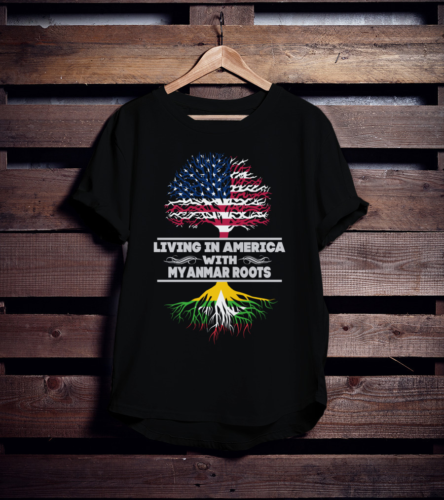 Living IN America With Myanmar Roots USA Myanmar Flag Tree T-Shirt