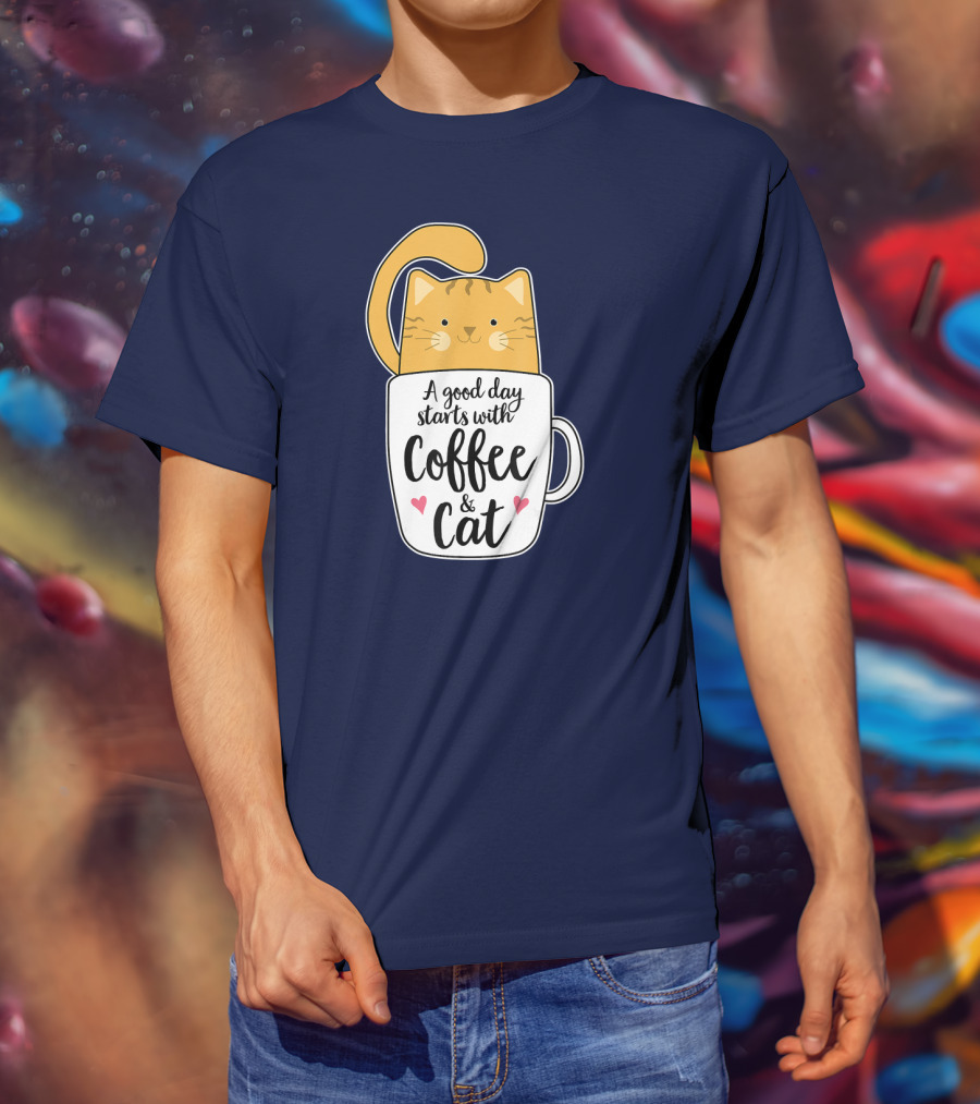 Funny Orange Cat A Good Day Starts With Coffee And Cat T-Shirt