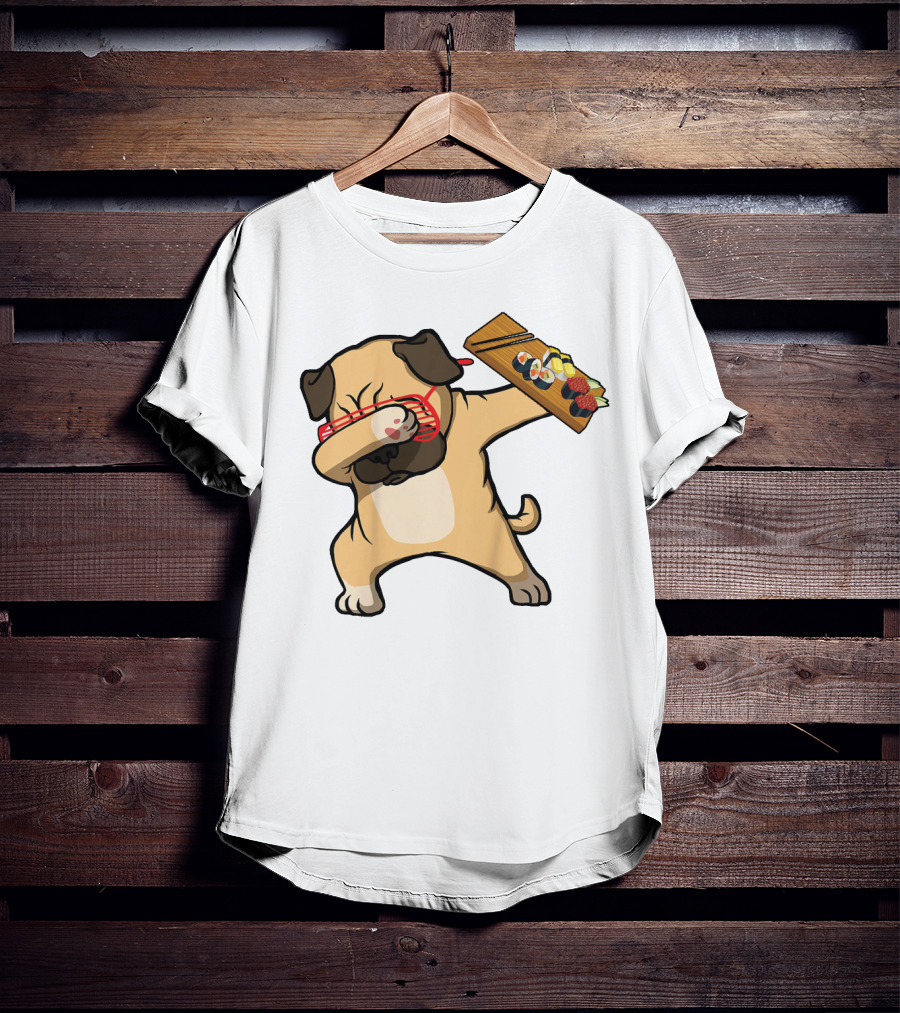 Dabbing Pug With Sushi Plate And Chopstick Glasses T-Shirt