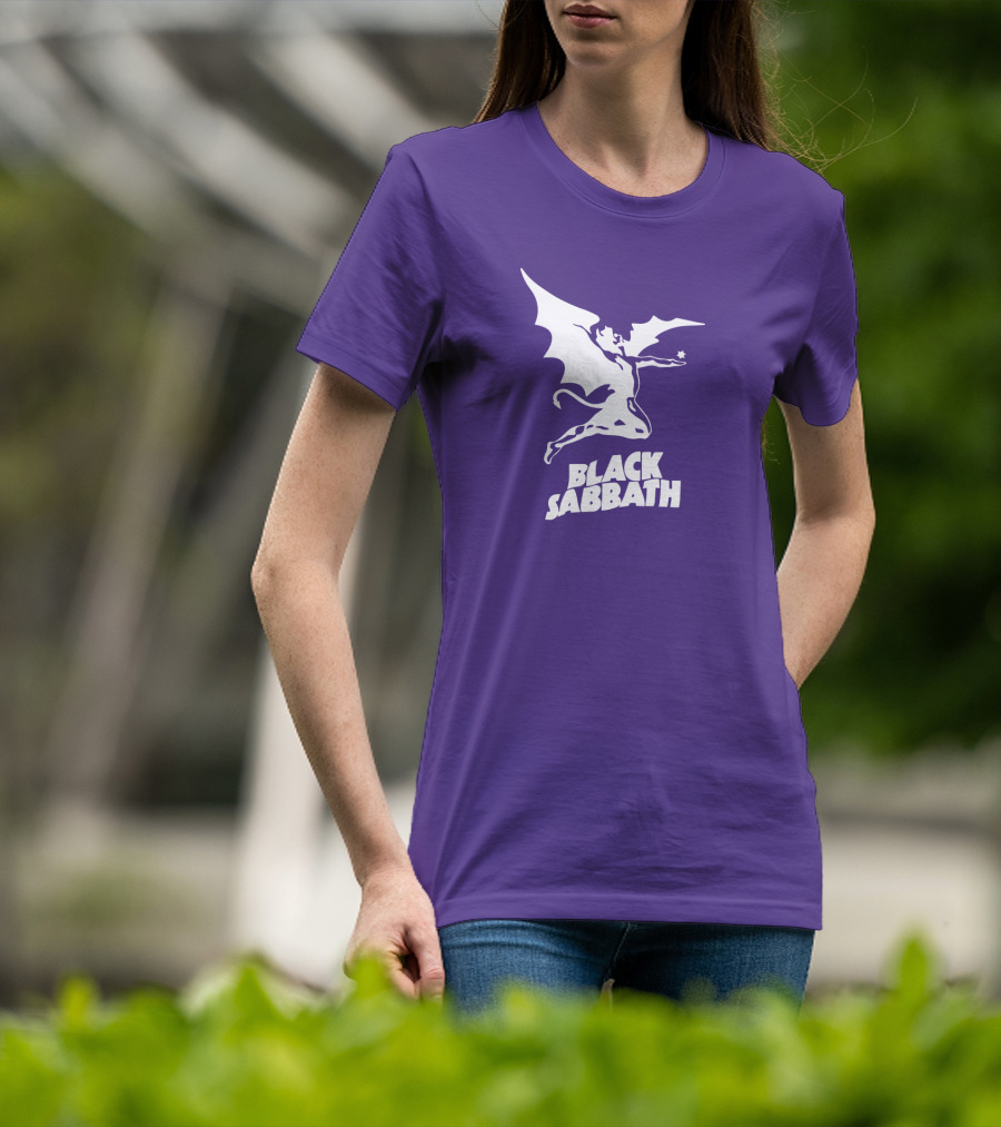 Black Sabbath Flying Devil Logo Purple Background T-Shirt