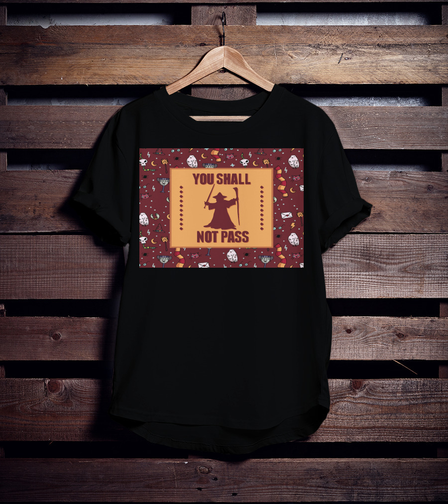 You Shall Not Pass Wizard With Wand And Staff Icon With Mystical Pattern Background T-Shirt