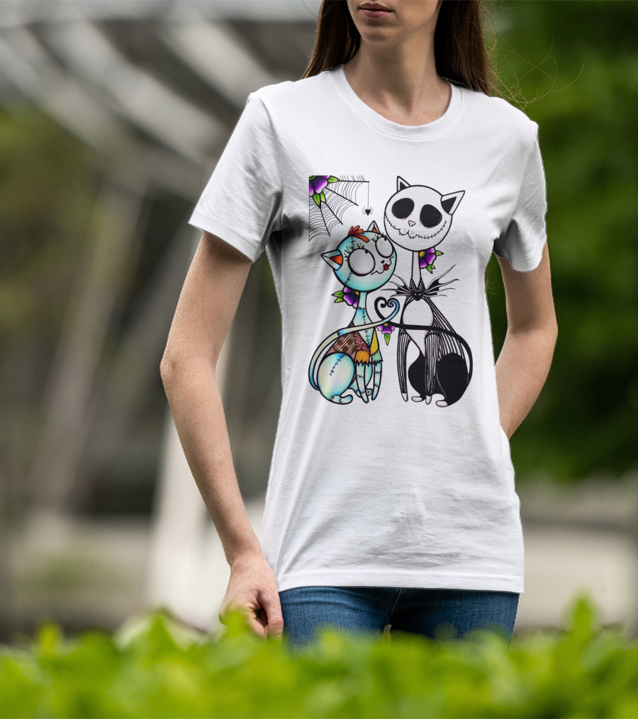 Cat Version Of Jack Skellington And Sally With Spider Web And Flowers T-Shirt