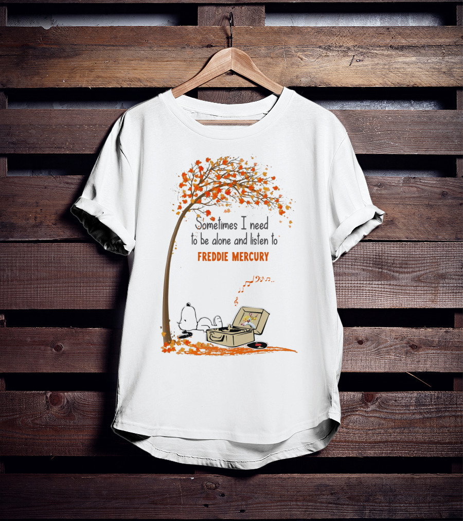 Snoopy Relaxing Under Autumn Tree Listening To Freddie Mercury Alone Vinyl Record Player T-Shirt