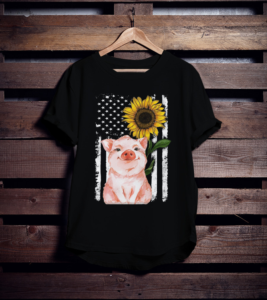 American Flag Sunflower Pig Vintage T-Shirt