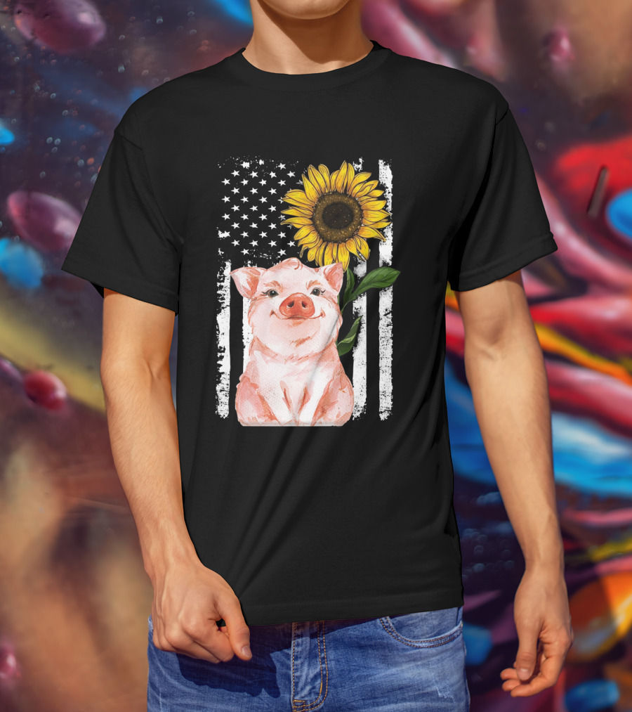 American Flag Sunflower Pig Vintage T-Shirt