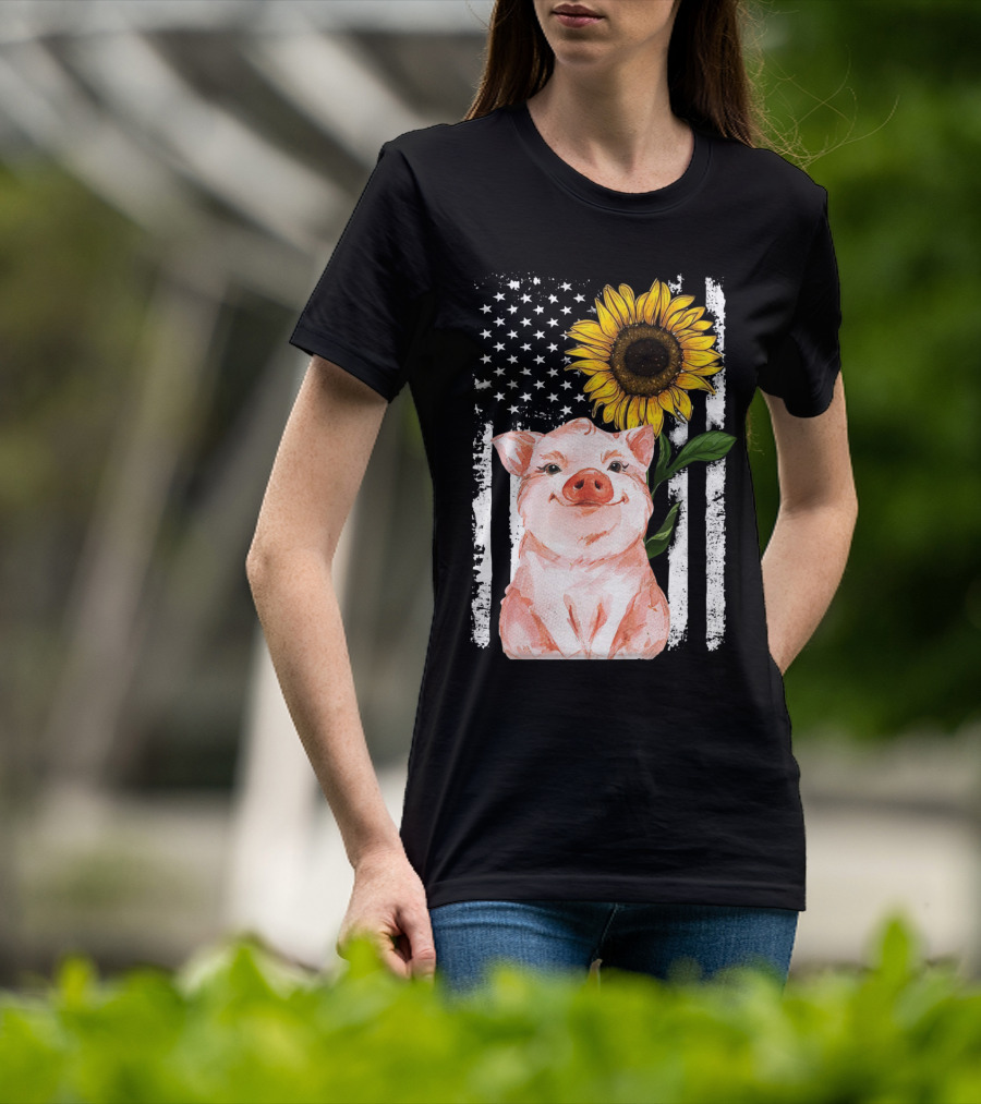 American Flag Sunflower Pig Vintage T-Shirt