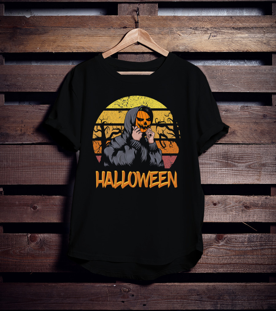 Halloween Hooded Figure With Pumpkin Mask And Sunset Stripes T-Shirt