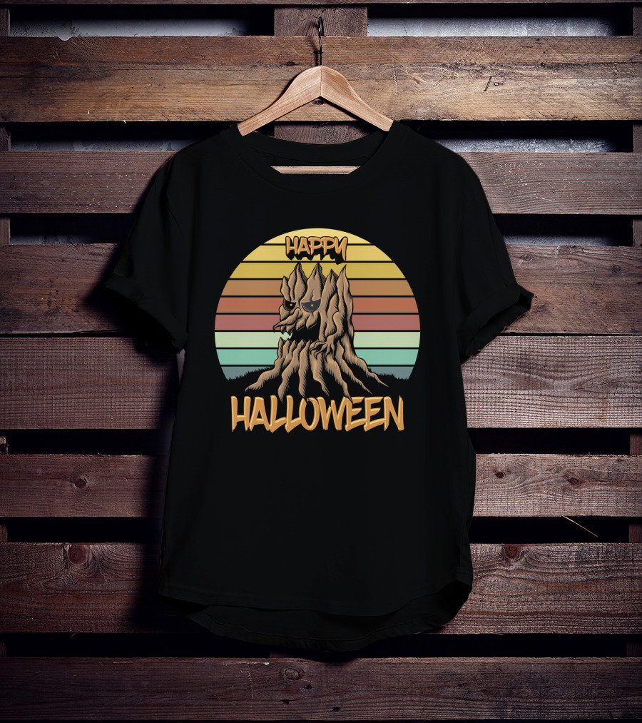 Happy Halloween Retro Wood Tree Vintage Stripes T-Shirt