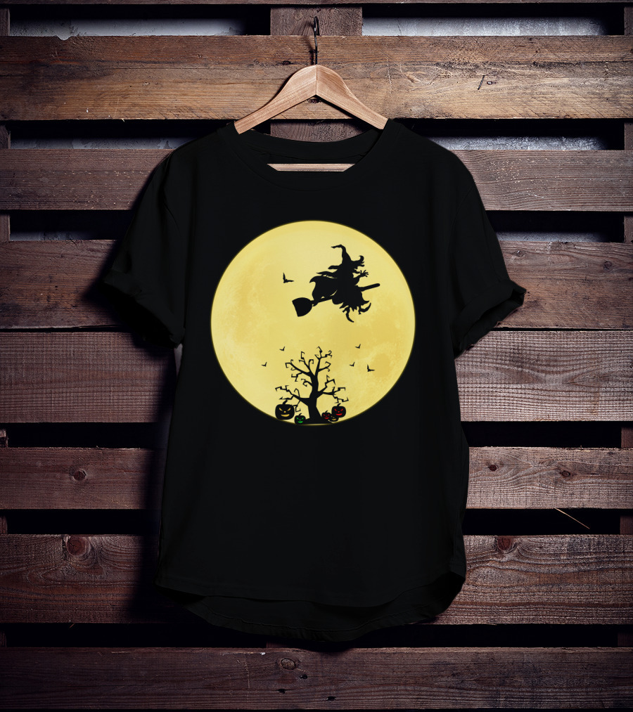 Halloween Witch Flying On Broomstick Over Full Moon With Jack-O'-Lanterns T-Shirt