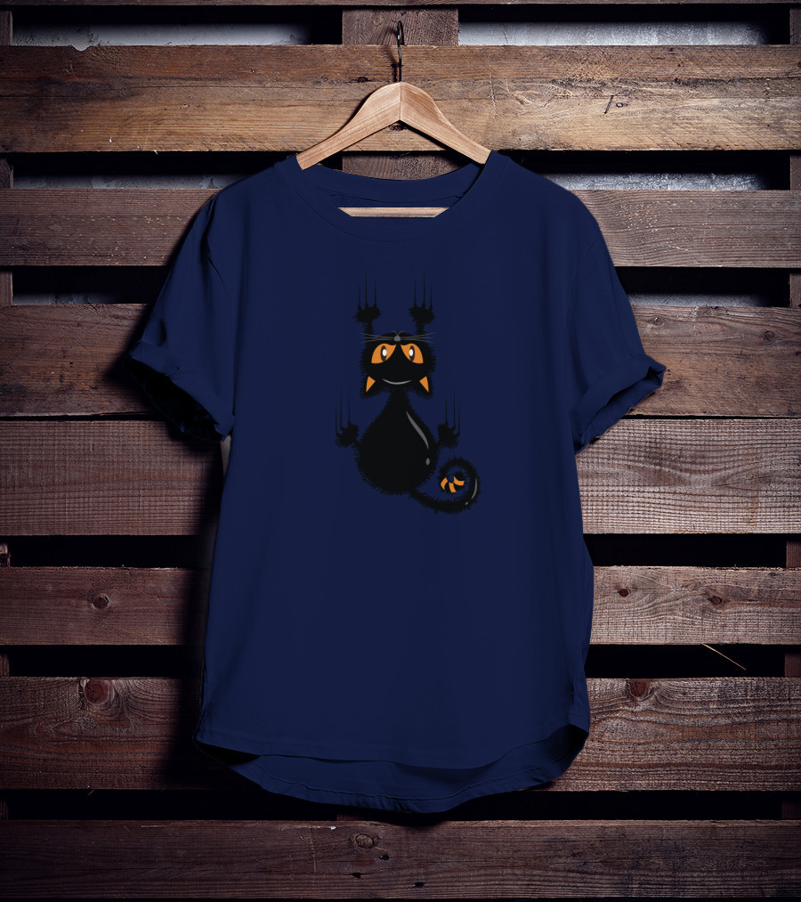 Cartoon Cute Halloween Black Cat With Orange Eyes And Scratching Claws T-Shirt