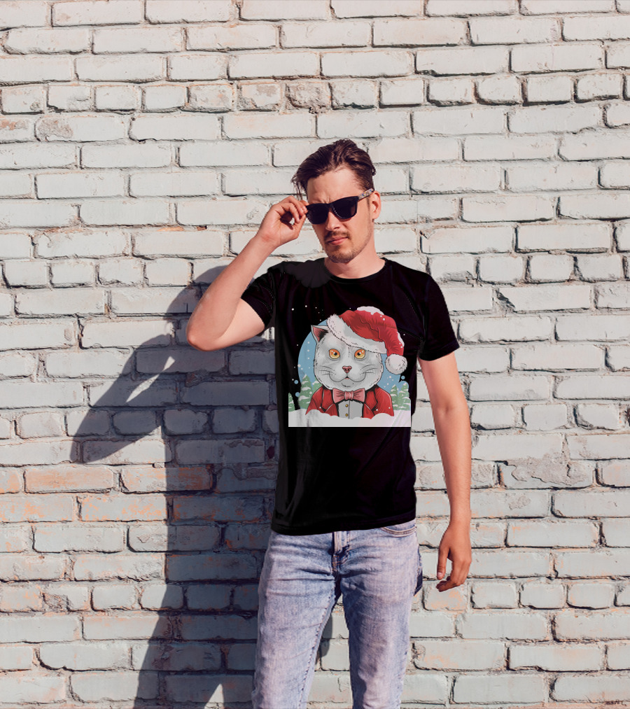 Santa Claus Cat In Winter Wonderland Christmas Scene T-Shirt