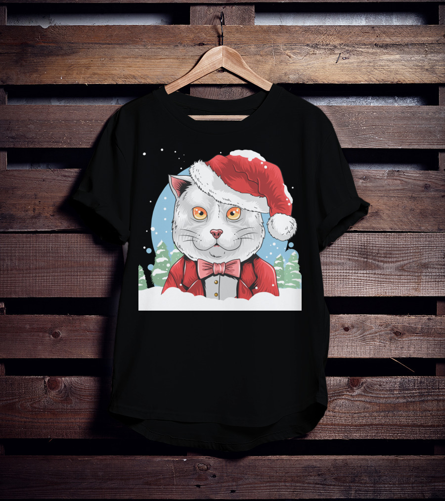 Santa Claus Cat In Winter Wonderland Christmas Scene T-Shirt