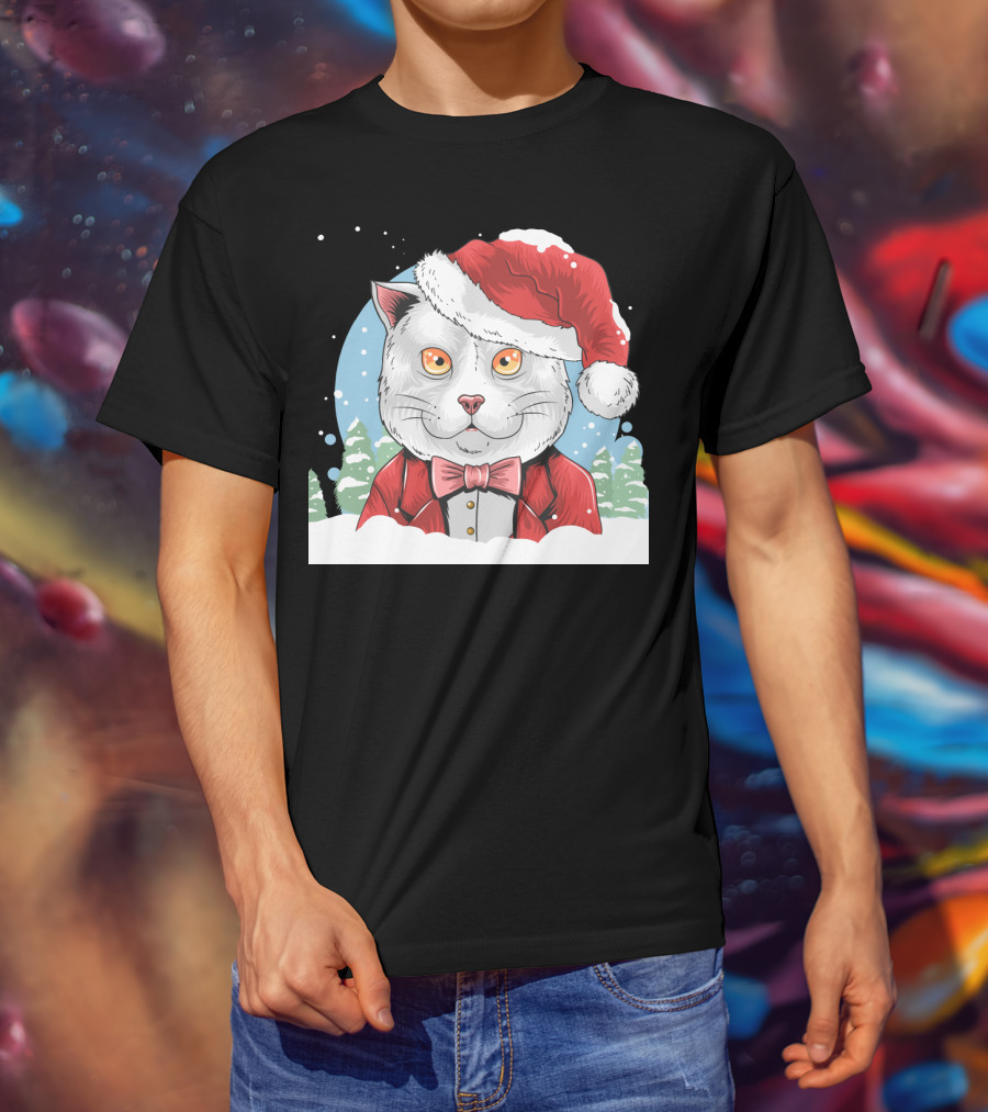 Santa Claus Cat In Winter Wonderland Christmas Scene T-Shirt