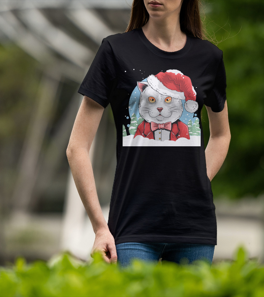 Santa Claus Cat In Winter Wonderland Christmas Scene T-Shirt