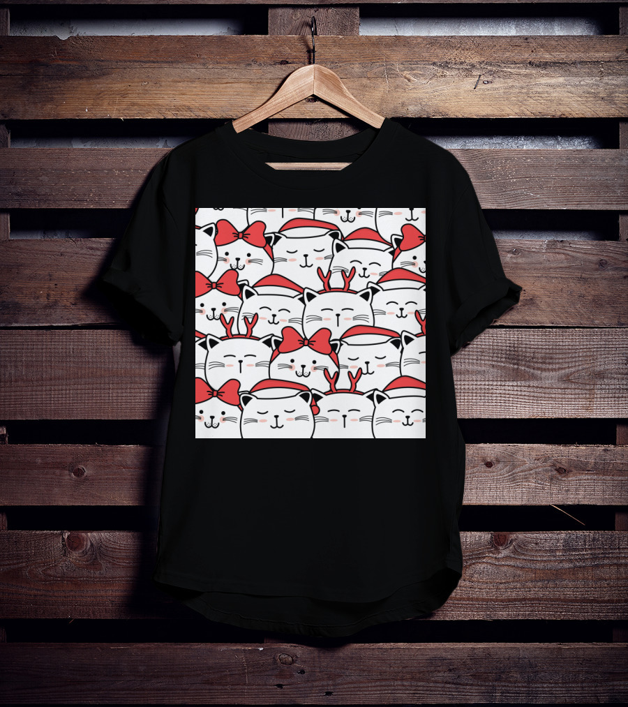 Cute Cat Christmas Santa Hats And Red Bows T-Shirt