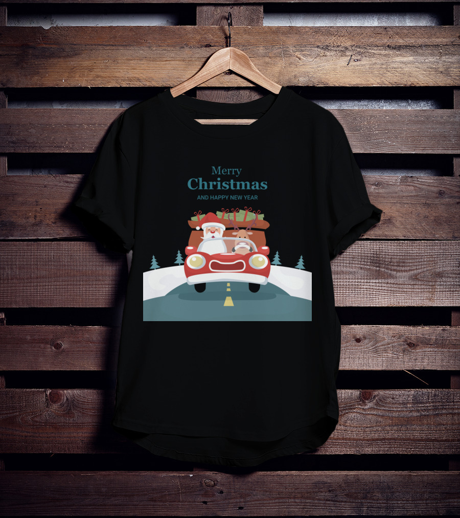 Merry Christmas And Happy New Year Reindeer Drives Car With Santa Claus T-Shirt