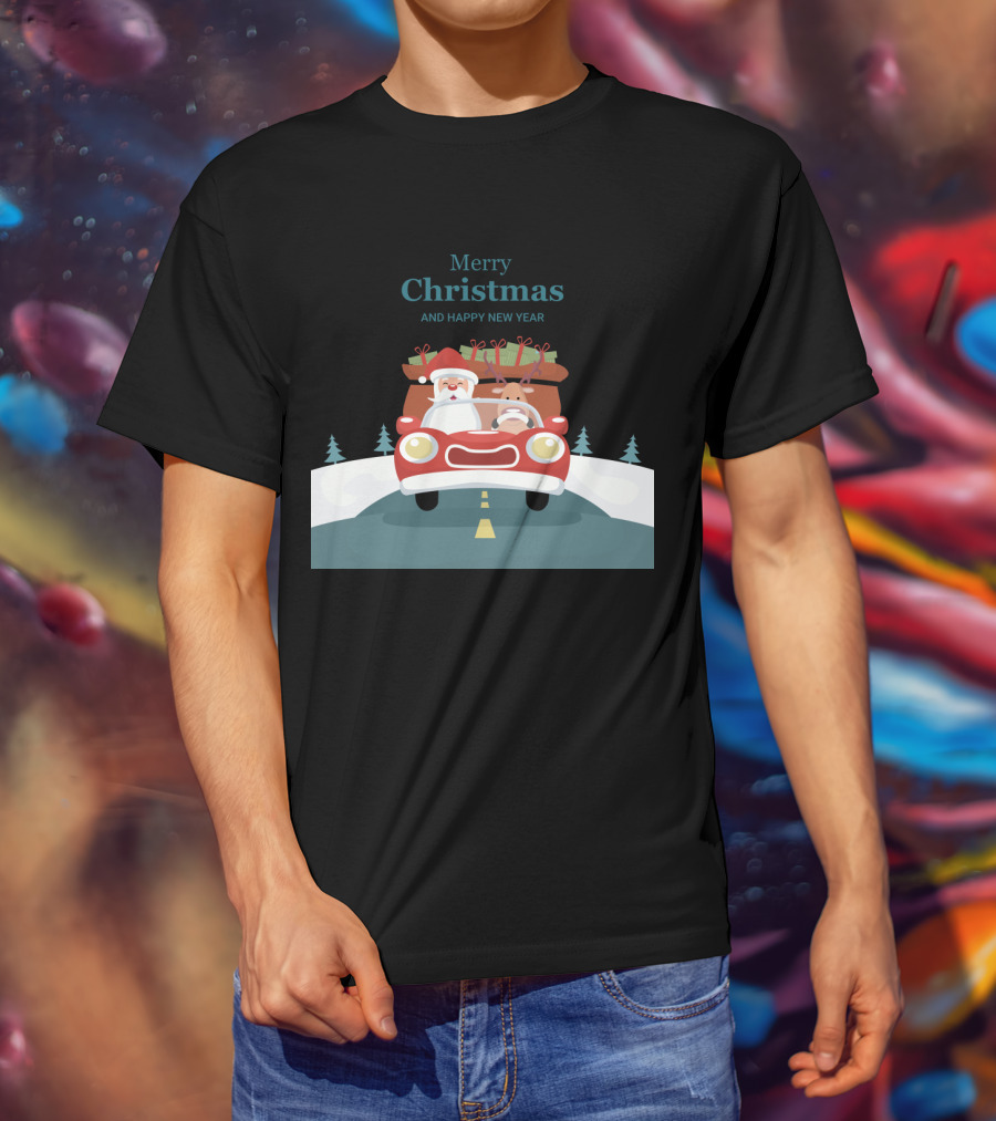 Merry Christmas And Happy New Year Reindeer Drives Car With Santa Claus T-Shirt