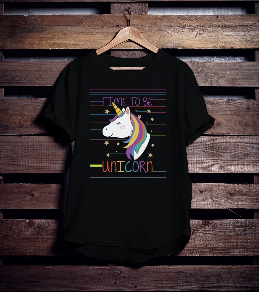 TIME TO BE UNICORN Colorful Stars Stripes Rainbow Mane T-Shirt