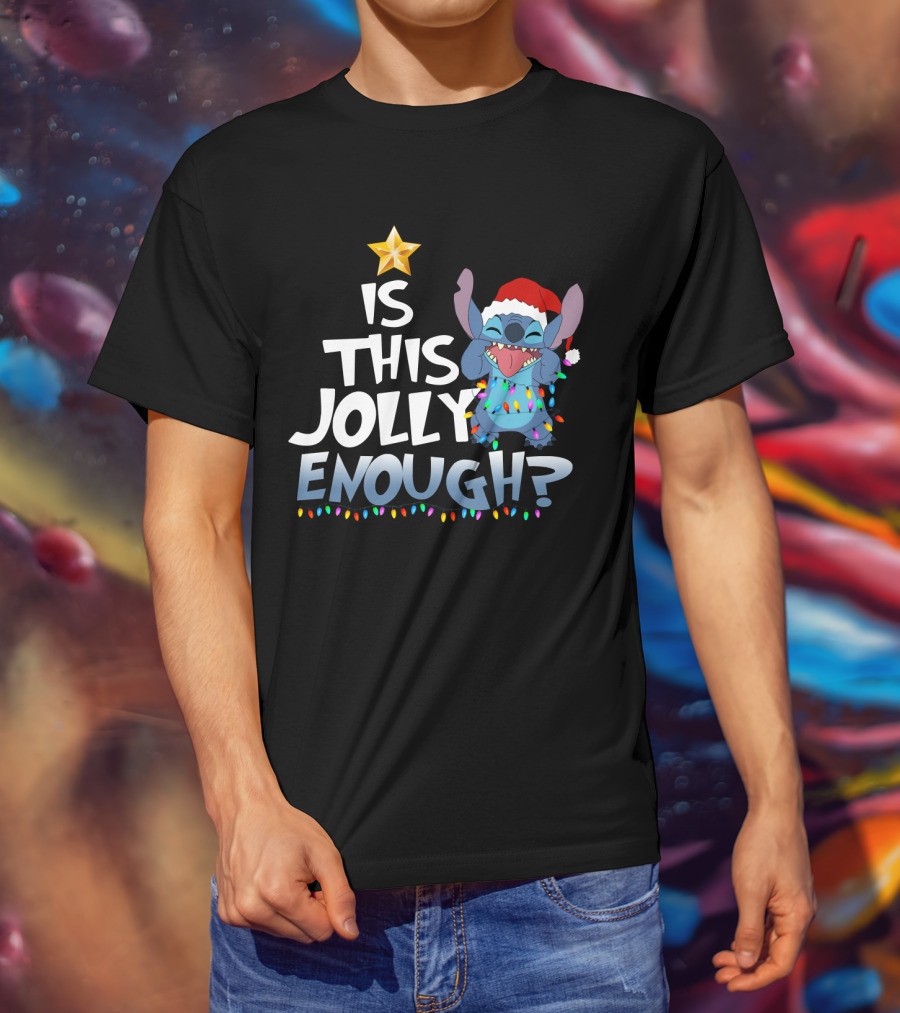 Is This Jolly Enough Stitch Christmas Lights Santa Hat T-Shirt