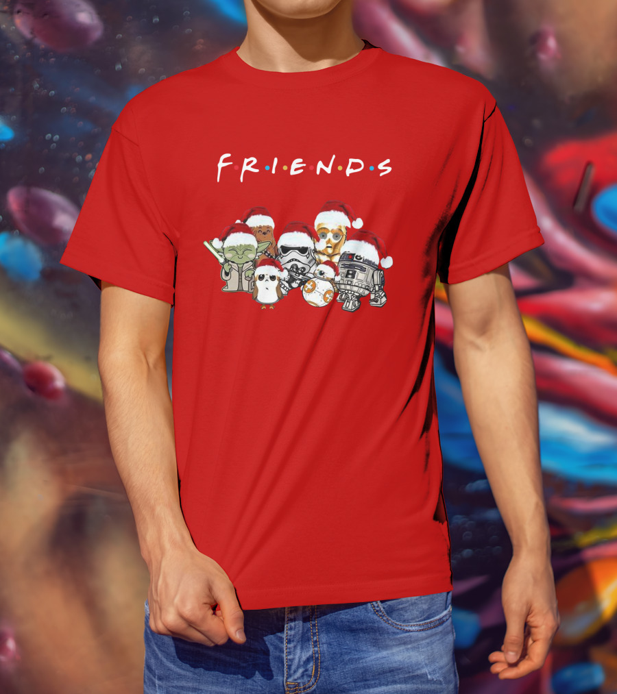 Star Wars Characters Yoda Chewbacca Porgs Stormtrooper R2 D2 C 3PO BB 8 Friends TV Show Christmas Santa Hats T-Shirt