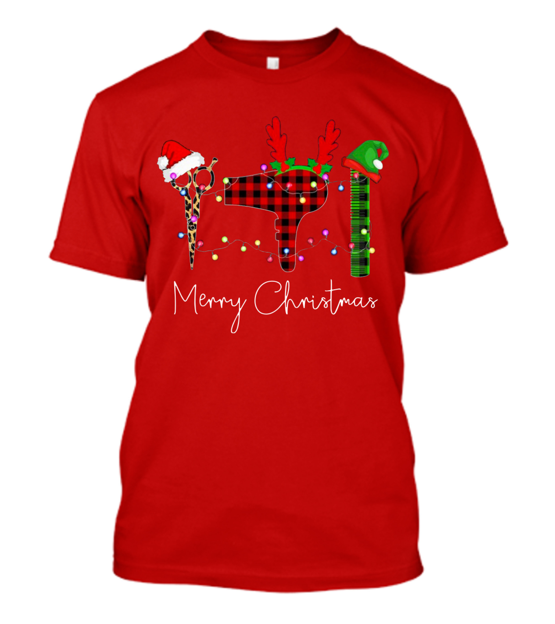 Hair Stylist Merry Christmas Scissors Dryer Comb Holiday Hat T-Shirt