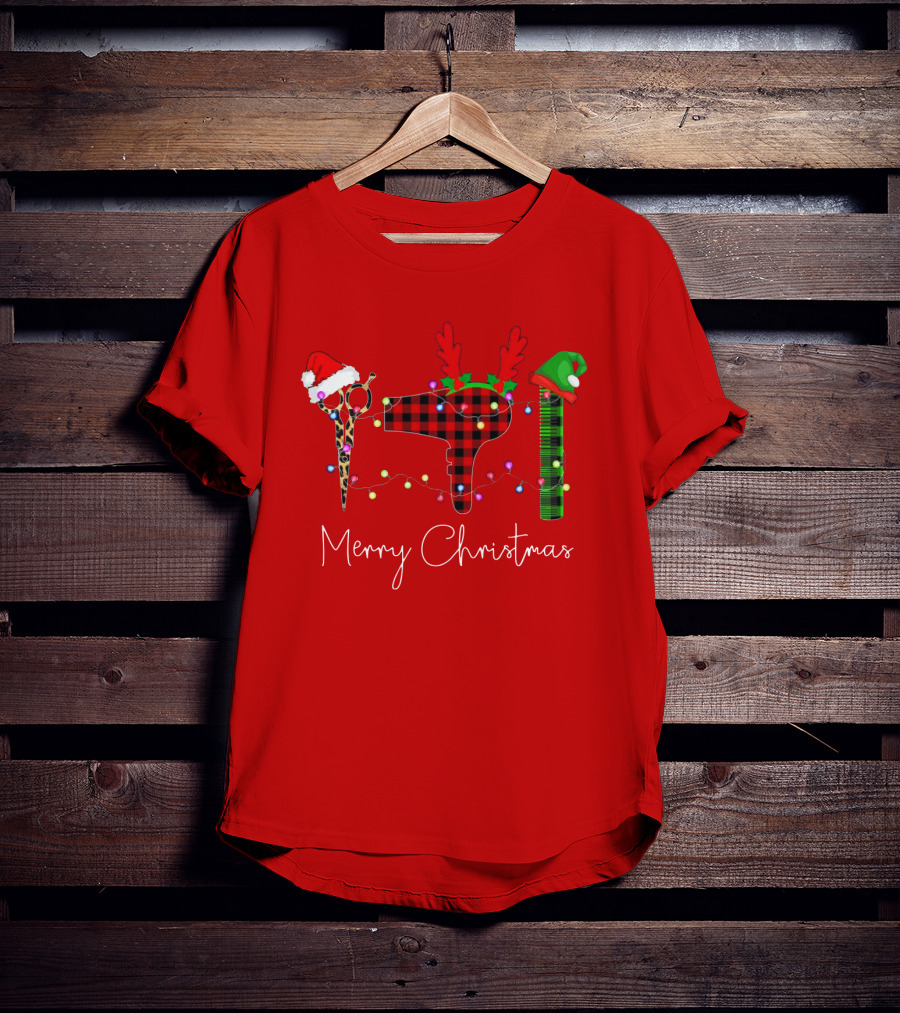 Hair Stylist Merry Christmas Scissors Dryer Comb Holiday Hat T-Shirt