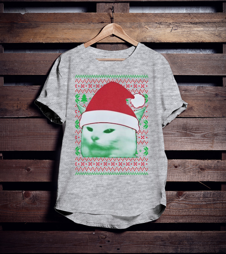 Santa Hat Cat Meme Christmas Pattern Raglan T-Shirt