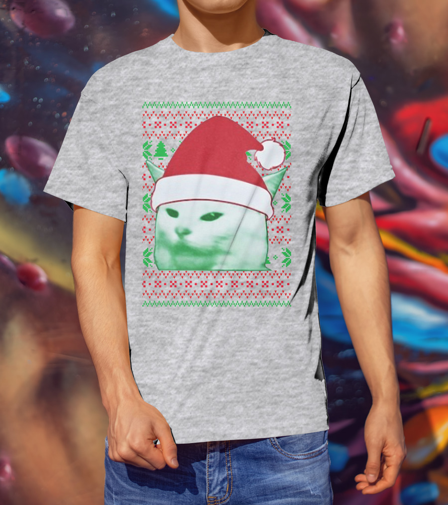 Santa Hat Cat Meme Christmas Pattern Raglan T-Shirt
