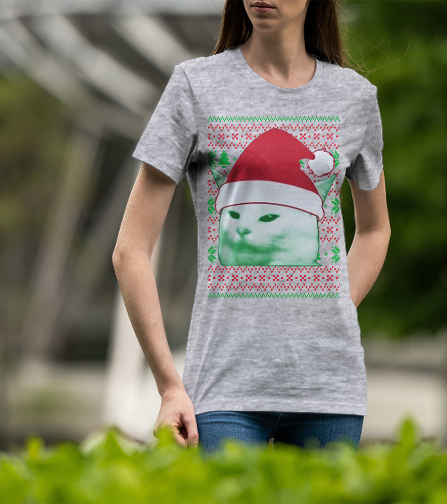 Santa Hat Cat Meme Christmas Pattern Raglan T-Shirt