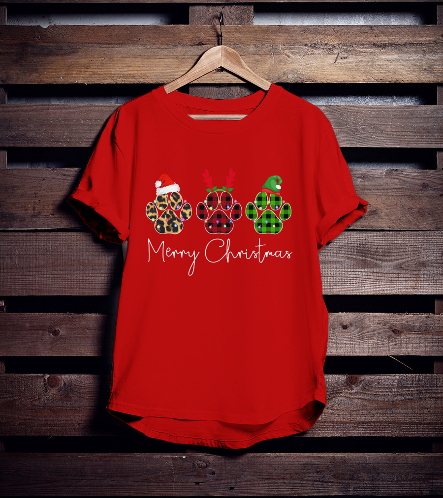 Merry Christmas Plaid Leopard Paw Santa Hat Reindeer Antlers Green Elf Hat T-Shirt