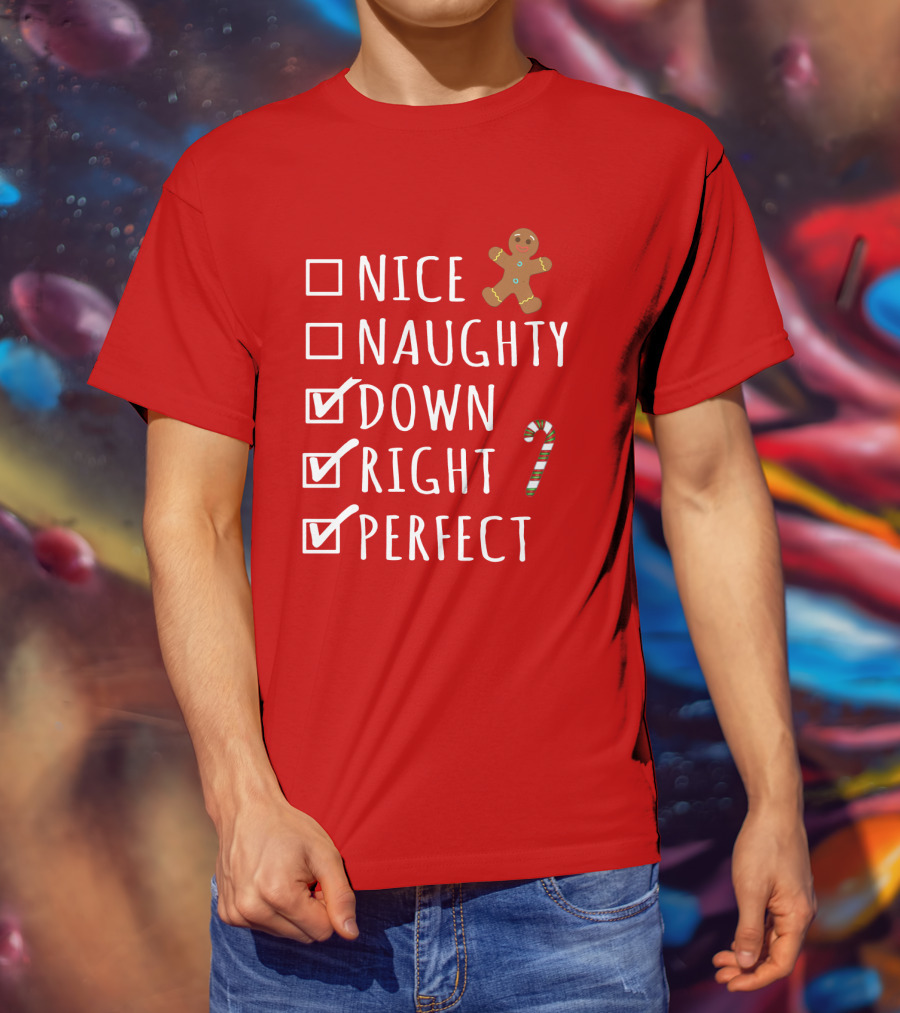 Nice Naughty Down Right Perfect Gingerbread Candy Cane Holiday Checklist T-Shirt