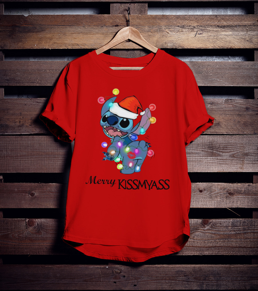 Merry Kissmyass Christmas Stitch Santa Hat Lights T-Shirt
