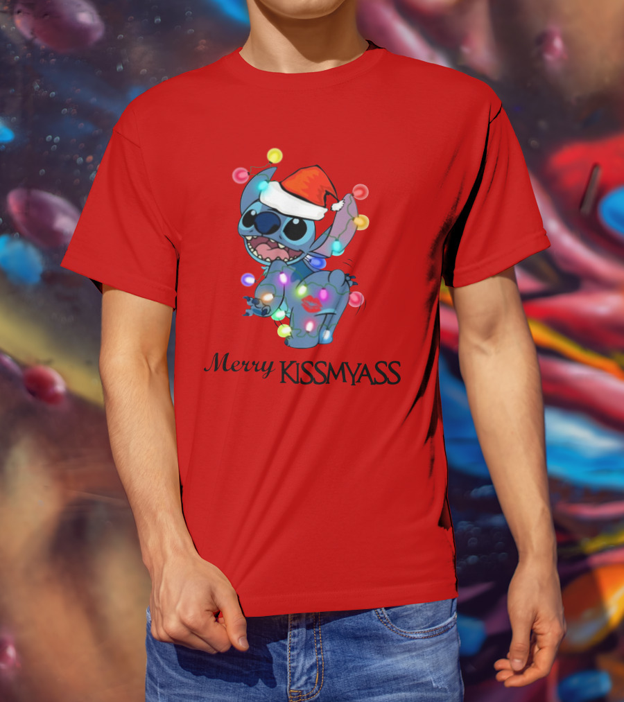 Merry Kissmyass Christmas Stitch Santa Hat Lights T-Shirt