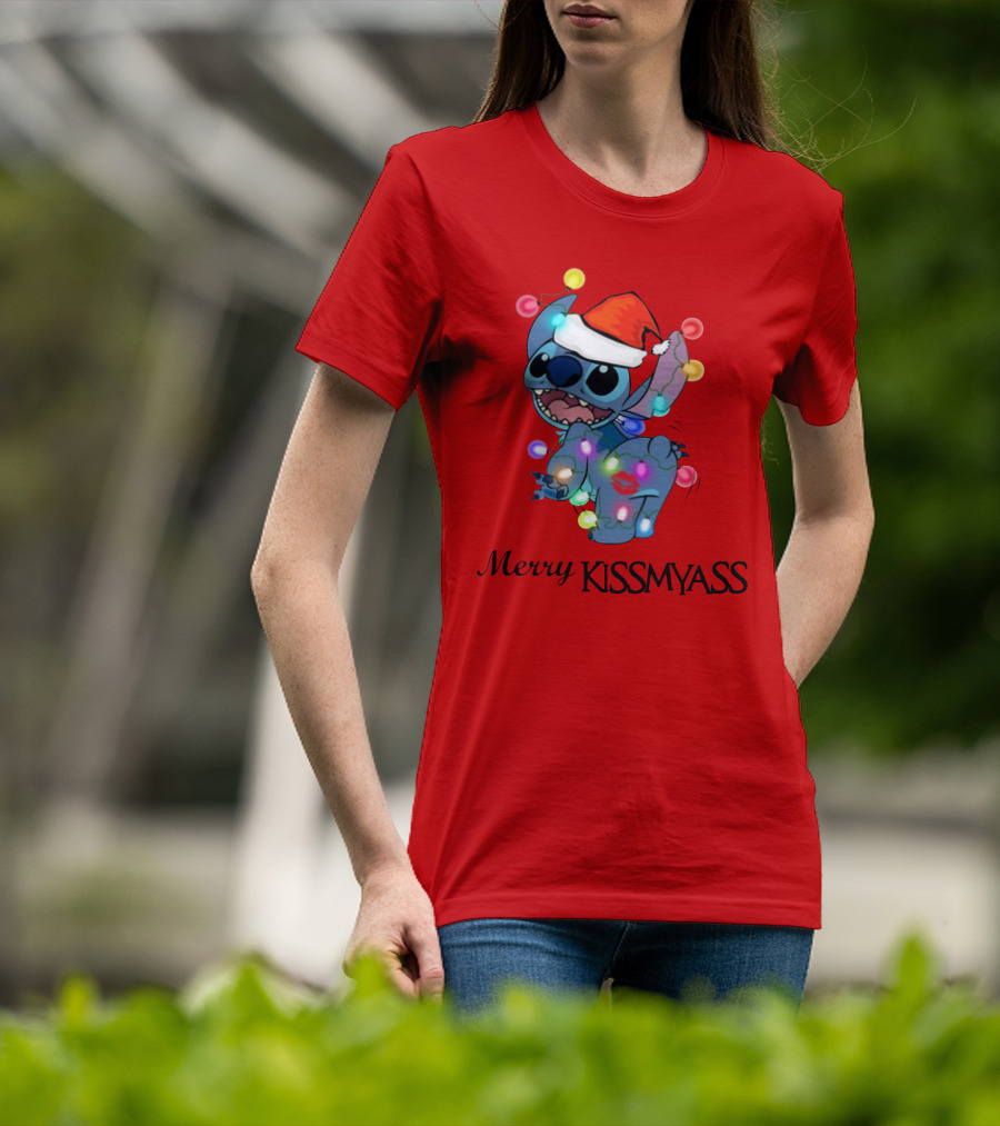 Merry Kissmyass Christmas Stitch Santa Hat Lights T-Shirt