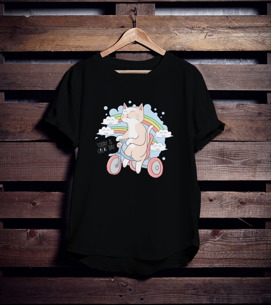 Cat On Bicycle With Rainbow Clouds And Positive Message Today Is Great Day T-Shirt