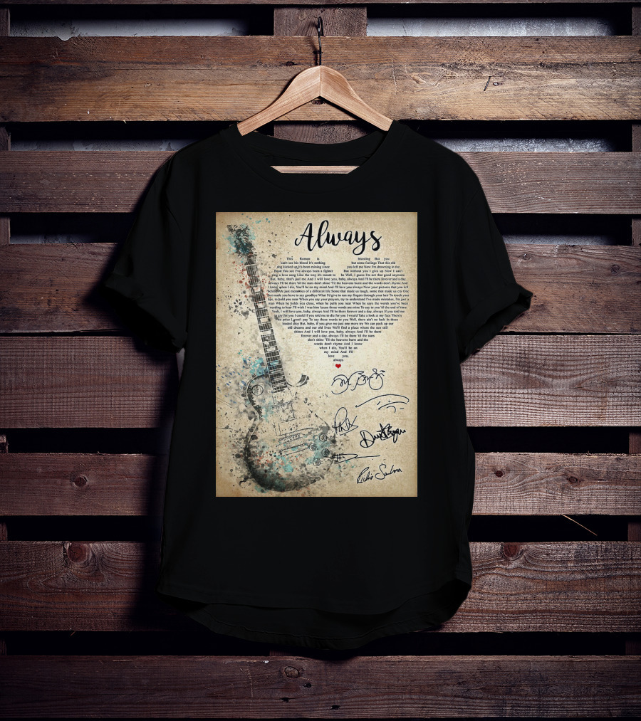Always Bon Jovi Song Lyrics Guitar Art With Band Signatures T-Shirt