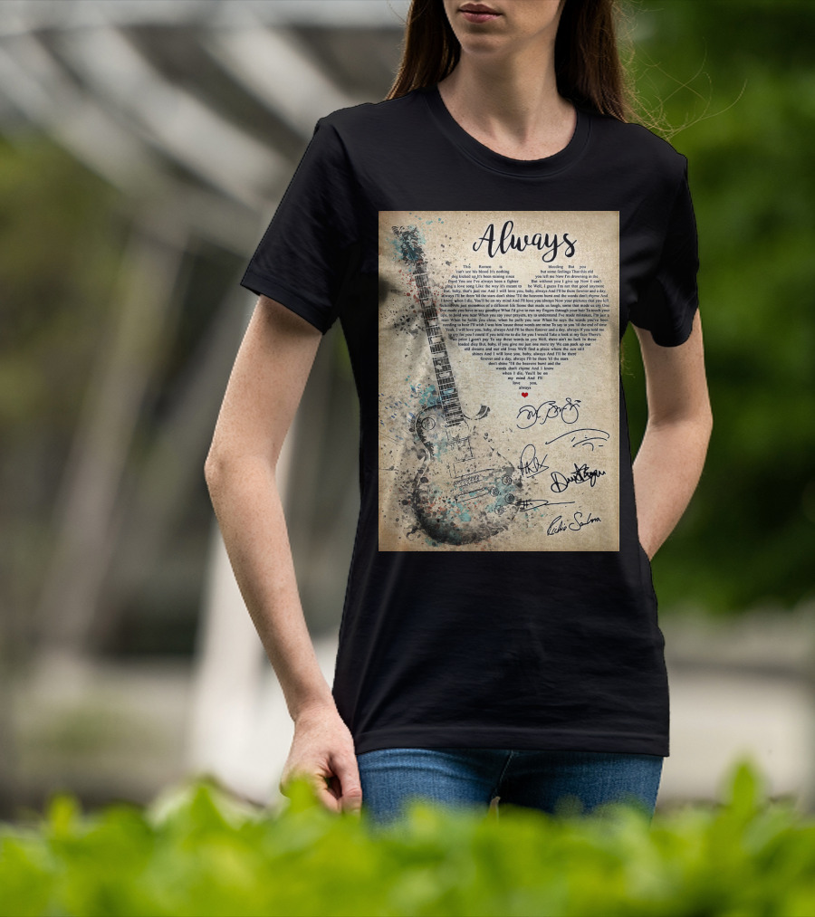 Always Bon Jovi Song Lyrics Guitar Art With Band Signatures T-Shirt