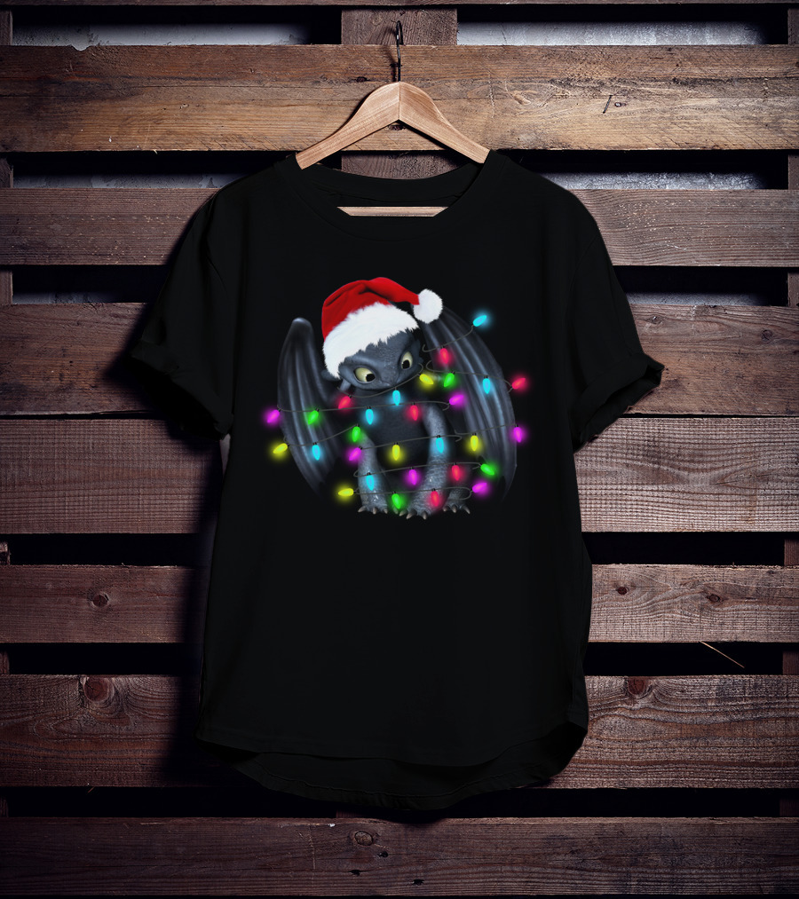 Toothless Wrapped In Colorful Christmas Lights And Santa Hat T-Shirt