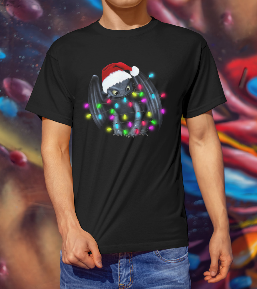 Toothless Wrapped In Colorful Christmas Lights And Santa Hat T-Shirt