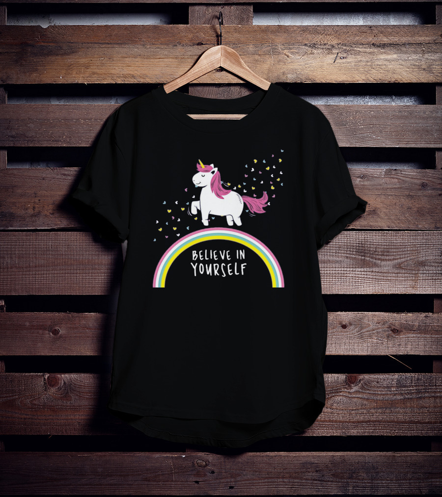 Believe In Yourself Cute Unicorn Rainbow Hearts T-Shirt