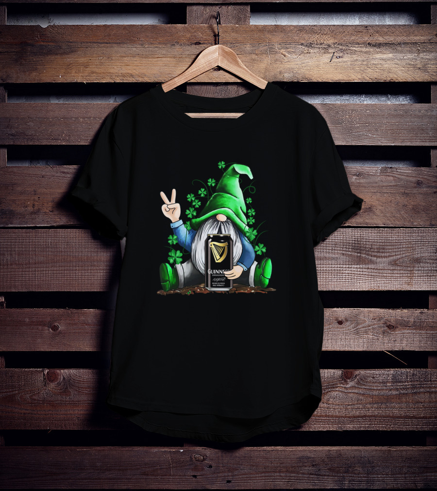 Guinness Can Holding Irish Gnome With Shamrocks Peace Sign St Patrick's Day T-Shirt