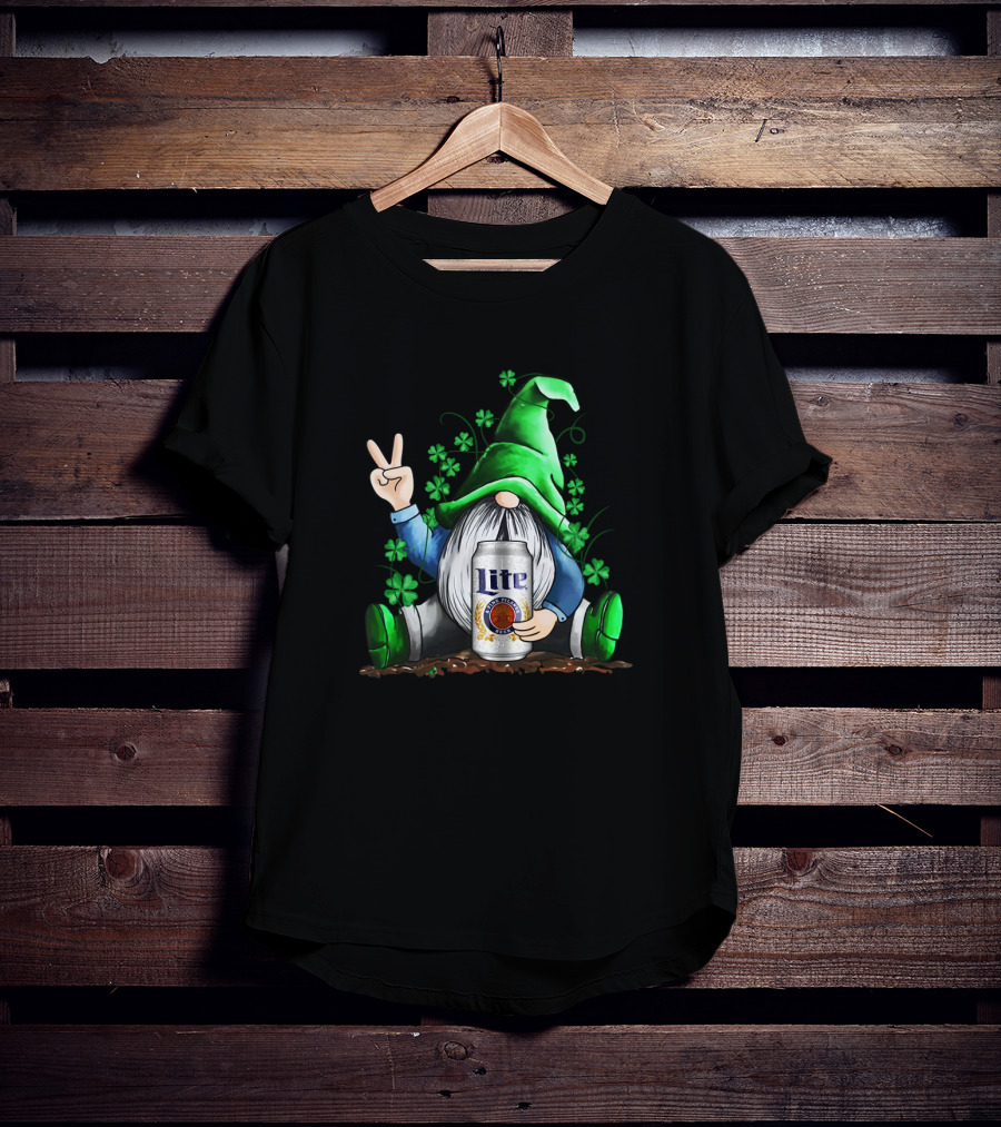Miller Lite Irish Gnome Peace Sign Shamrocks St Patrick's Day T-Shirt