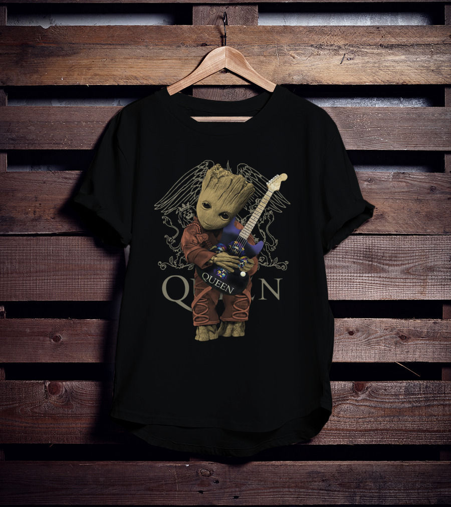 Baby Groot Hug Queen Band Iconic Guitar Wings T-Shirt