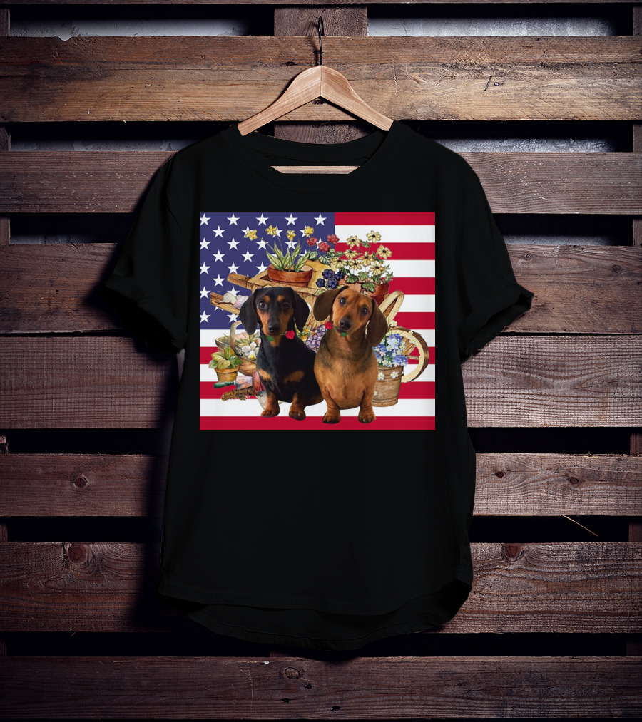 Daschund Flower Garden American Flag Backdrop Face Mask T-Shirt