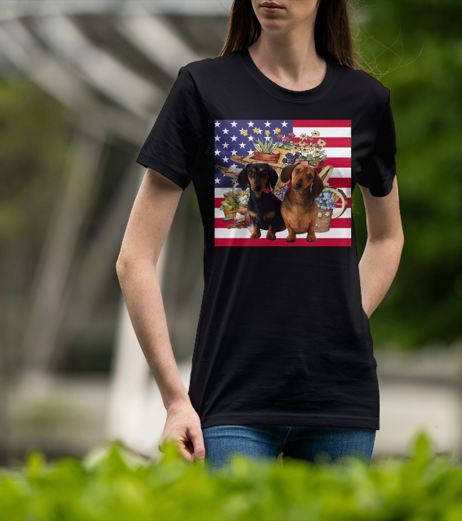 Daschund Flower Garden American Flag Backdrop Face Mask T-Shirt