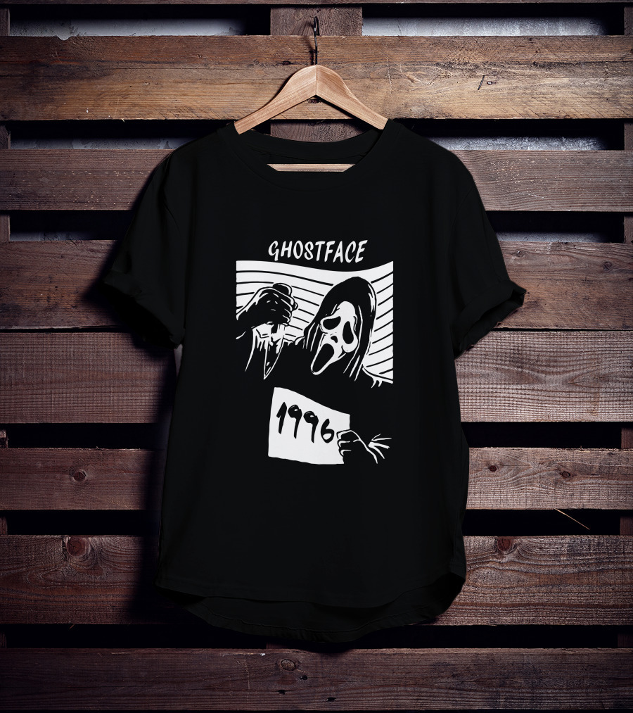 Ghostface 1996 Classic Movie Icon With Knife And Hooded Mask T-Shirt
