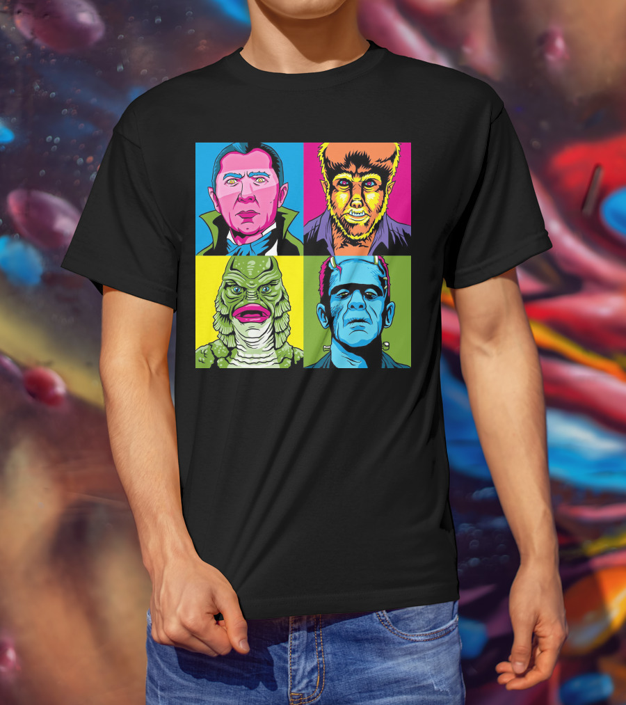 Dracula Frankenstein Wolfman Creature Horror Pop Art Icons T-Shirt