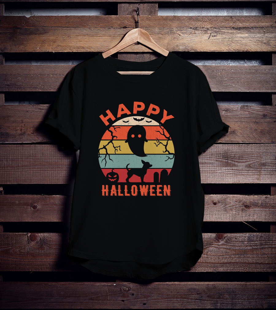 Happy Halloween Chihuahua Ghost Pumpkin Retro Stripes T-Shirt